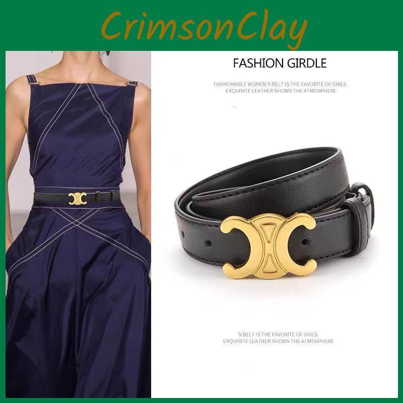 Fashionable Solid Color Gold Buckle Design Women Double Layer Cowhide Belt