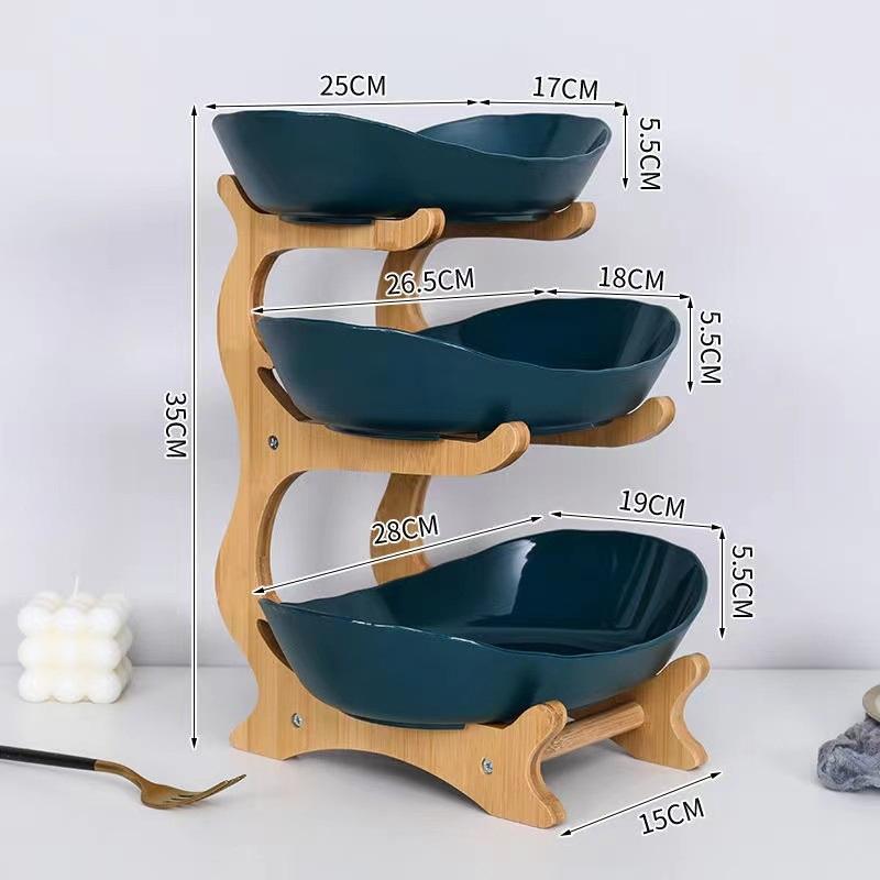 Creative Multi Tier Fruit Bowl European Ceramic Dessert Plate Bamboo Wood Rack Home Candy Bowl Fruit Basket