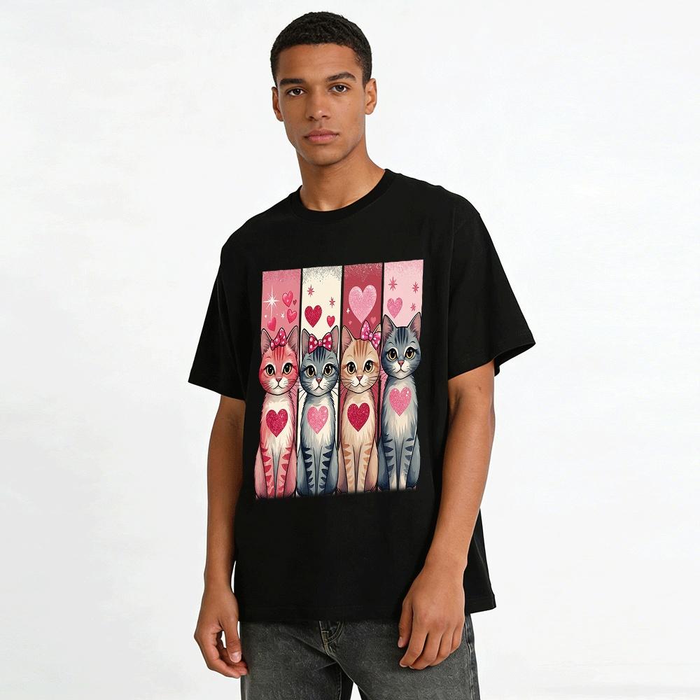 Glitter Heart Bow Cat Print Casual Top Pure Cotton T-shirt