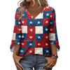 Womens Casual V Neck Three Quarter Sleeve T Shirt Top with Independence Day Inspired Print Loose Fit Lightweight Blouse for Daily Wear