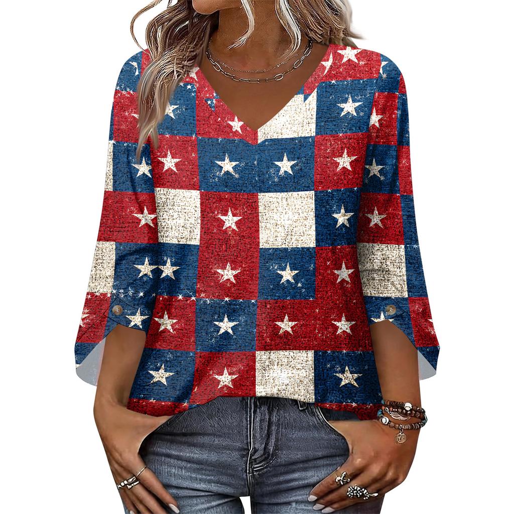 Womens Casual V Neck Three Quarter Sleeve T Shirt Top with Independence Day Inspired Print Loose Fit Lightweight Blouse for Daily Wear