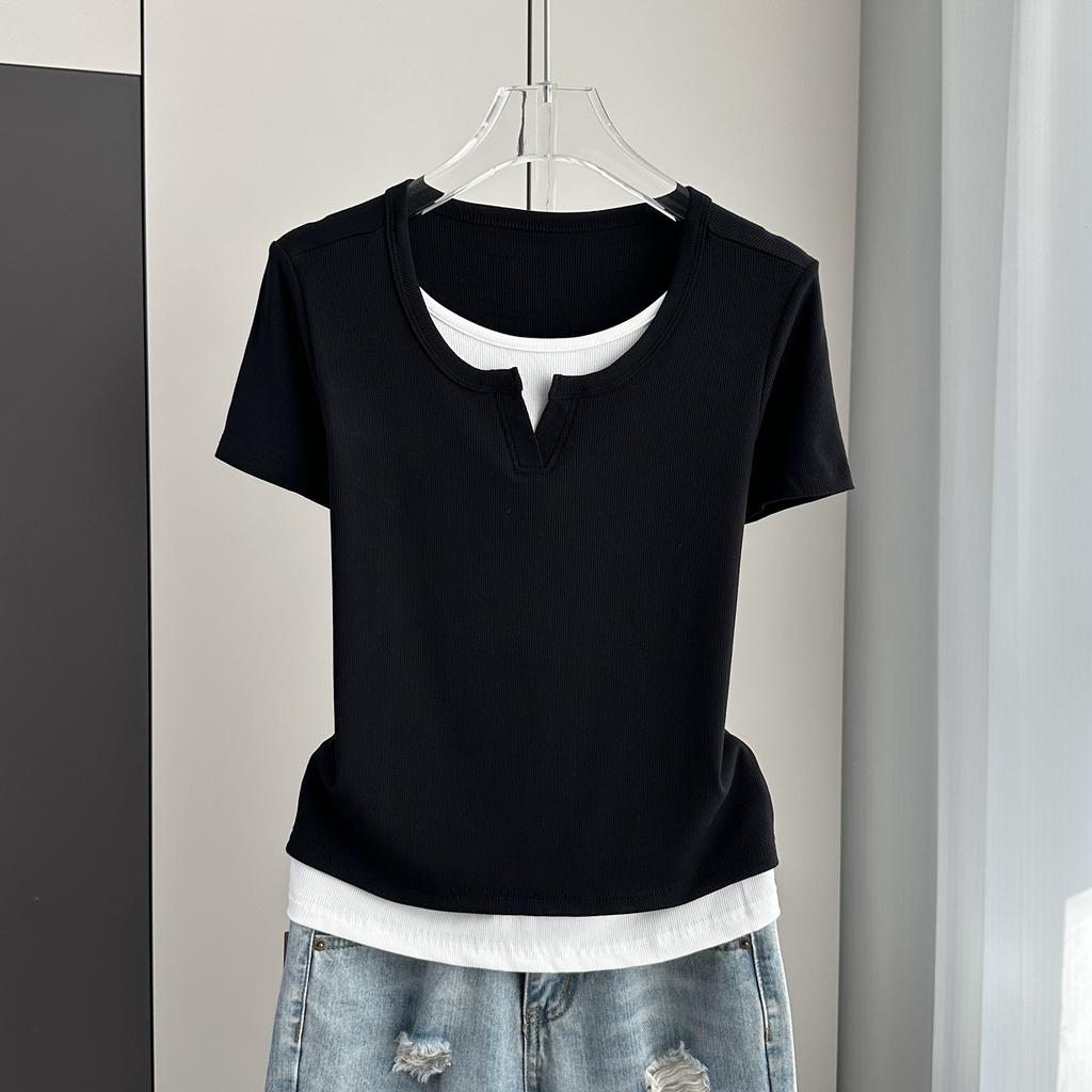 Plus Size Fake Two-Piece Color Block Short Sleeve T-Shirt Ribbed Slimming Top For Women Versatile Breathable Soft Material Flattering Slim Women Top