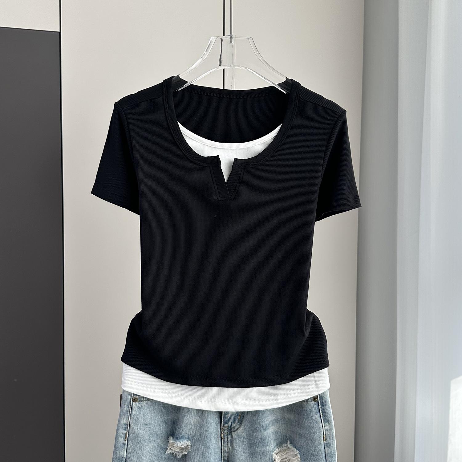 

Женская футболка большого размера с коротким рукавом, имитация двух предметов, цветовые блоки, ребристый, стройнящий топ. Универсальный, дышащий, мягкий материал. Выгодно подчеркивающий фигуру, стройнящий женский топ M