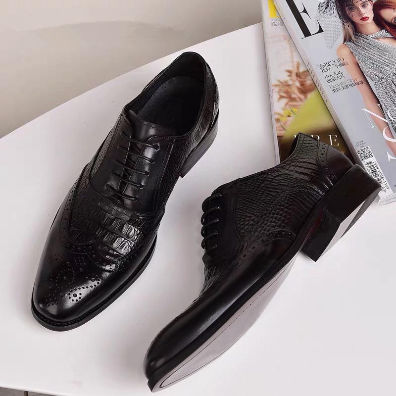 Men's Shoes New Arrival Large Size Brogue Carved Men's British Retro Lace-Up Leather Shoes Crocodile Pattern Leather Shoes