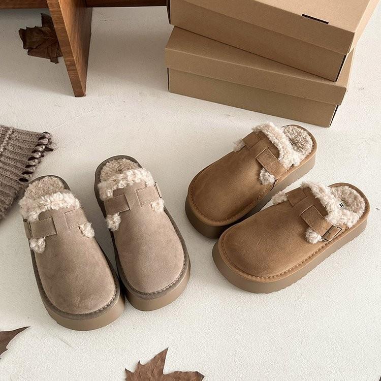 Women's Baotou faux lamb wool plush slippers padded warm winter thick bottom heightening home slippers casual hiking indoor shoes snow cotton slippers