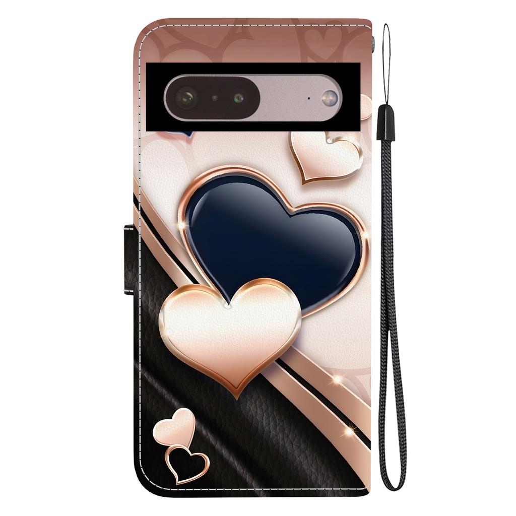 Handmade PU Leather Flip Case for Google Pixel 7 Pro Anti-Slip Shockproof Cover with Wrist Strap & Heart/Rose Cat Designs