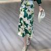 Qooth  Floral Trumpet Skirt Mid length Satin Casual Elastic Waist Printed Maxi Skirt QT1855