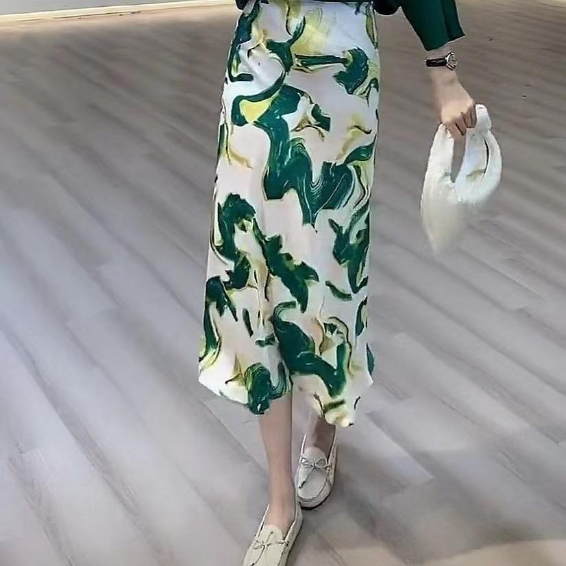 Qooth  Floral Trumpet Skirt Mid length Satin Casual Elastic Waist Printed Maxi Skirt QT1855