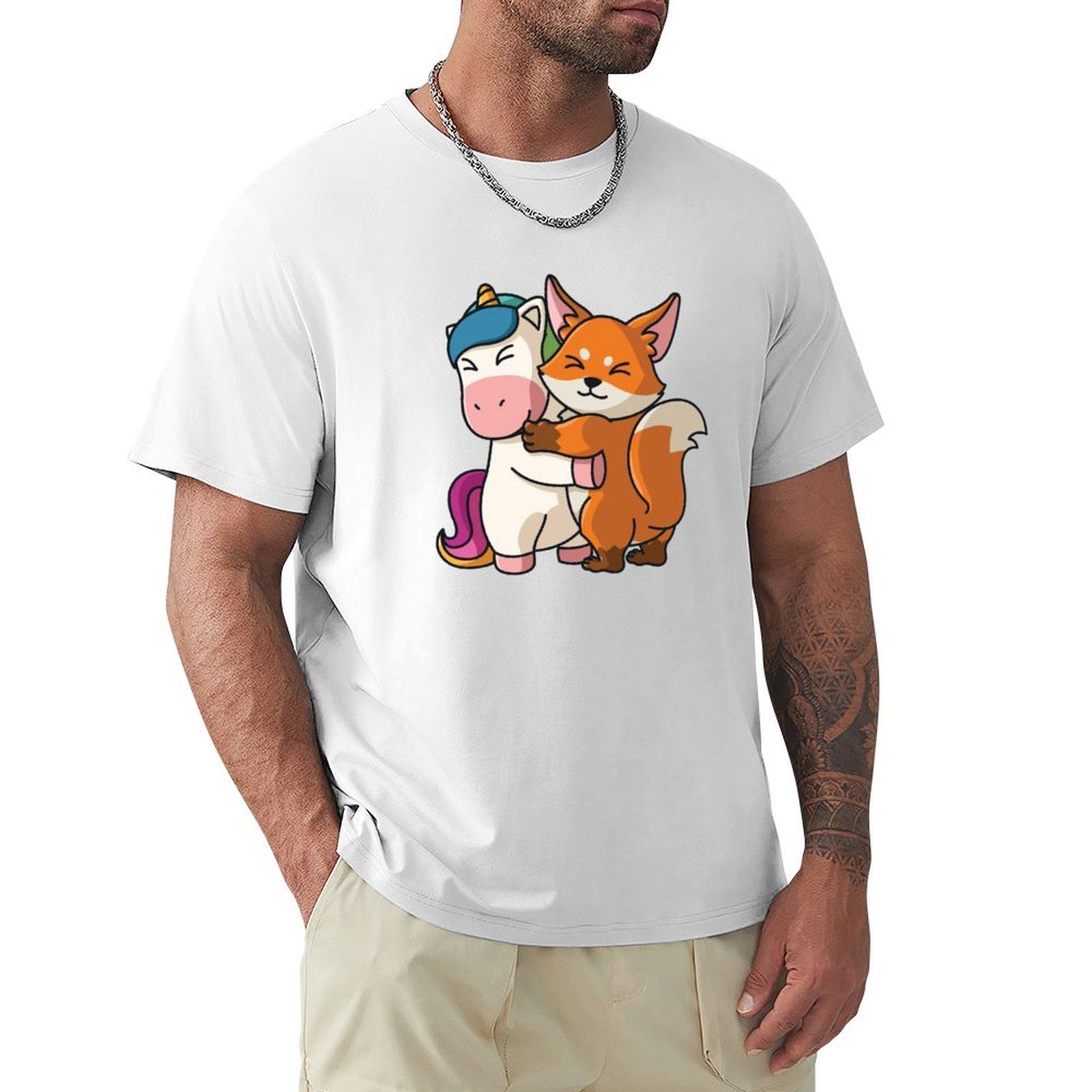 Unicorn And Fox Cute Hug Cuddle Animals Tshirt Streetwear Print Tee Shirt S