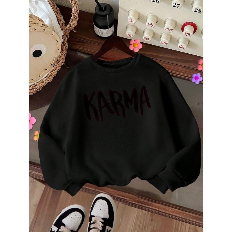 Kids Crewneck Sweatshirt, KARMA Text Print, Casual Tops for Fall & Winter 110