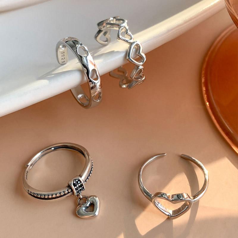 Chic 925 Silver Geometric Open Adjustable Heart Ring For Women Fashionable And Sweet