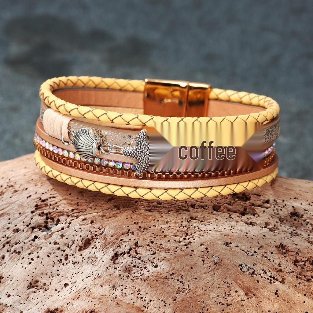 Bohemian Micro-Diamond Cross Bracelet with Magnetic Clasp & PU Leather