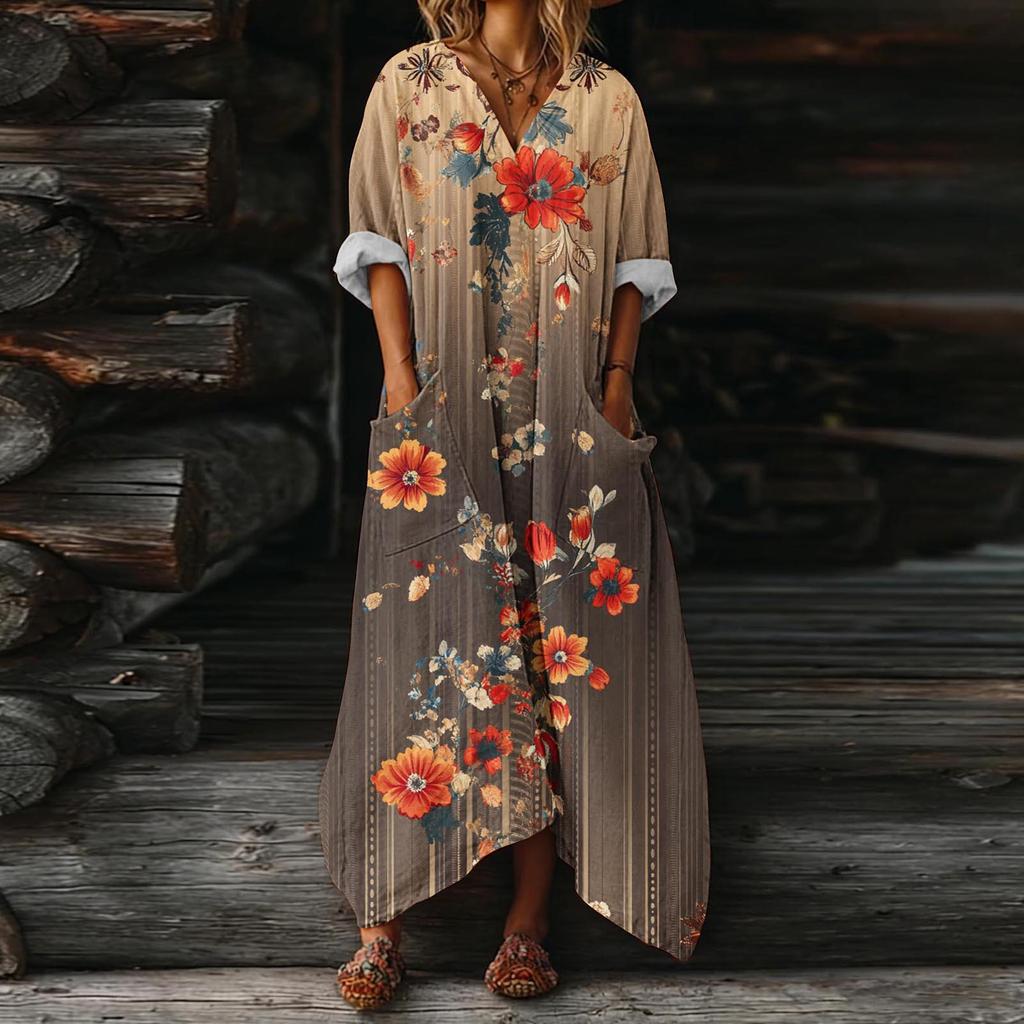 Abito da Donna Casual Svasato Scollo a V Vacanza Boho Spiaggia Vestito Estivo