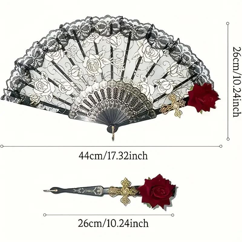 Female Lace Hand Fan Lolita Gothic Fan Victorian Vintage Black White Red Rose Bamboo Fans Cosplay Halloween Party Photo Prop