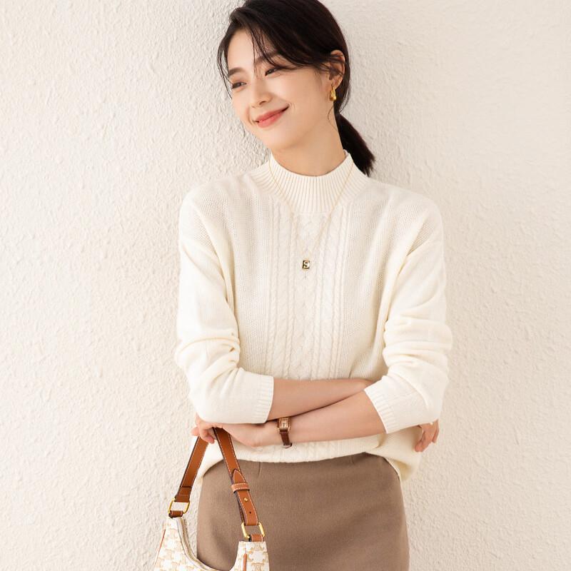 TUHUANG Women s Pure Wool Cable Knit Mock Neck Pullover Free Size
