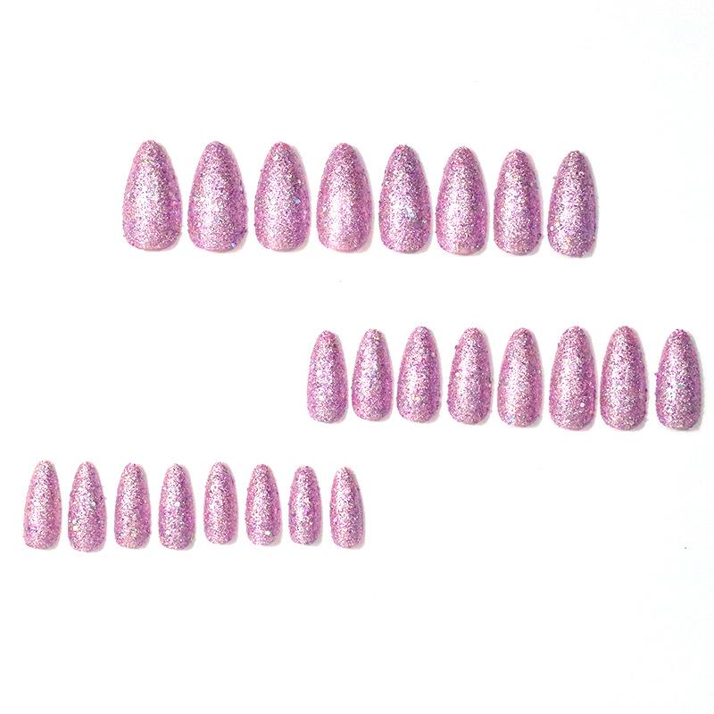 Stylish Pink & Purple Glitter Long Almond Nail Art Set - 24 Pieces
