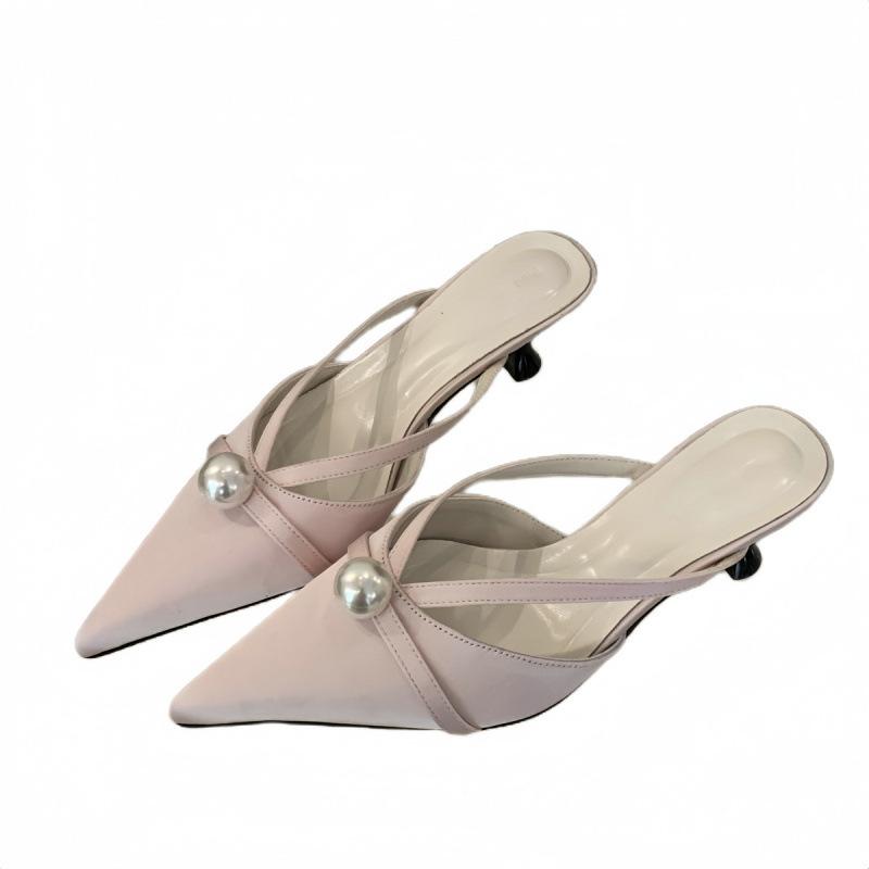 2025 Spring and Autumn New Fashion Versatile Pointed Satin Pearl High Heels French Elegant Strap Combination