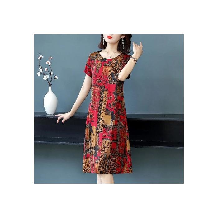Imitation ice silk retro printing dress women's summer new short-sleeved printing medium and long middle-aged and elderly mother skirt