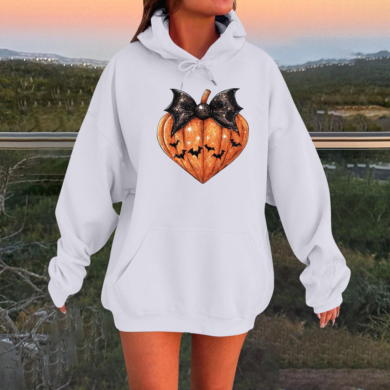 

Женский плюшевый свитшот с длинными рукавами оверсайз со спущенными плечами и капюшоном с принтом на Хэллоуин XL белый