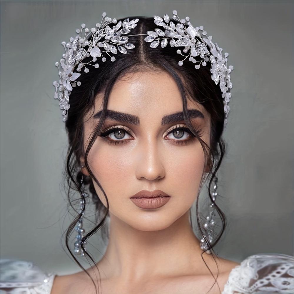 Bridal Hair Accessories Crystal Pearl Headband Tiara Rhinestone Leaf Headband Hairband for Women Elegant Princess Headwear