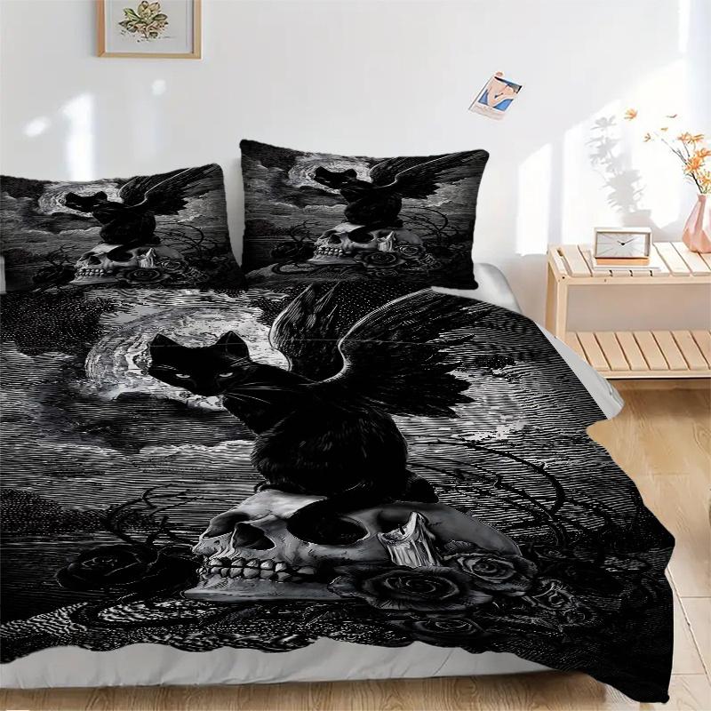3pcs Moonlit Scene Black Cat Bedding Set, Including 1 Quilt Cover and 2 Pillow Shams, Without Filling, Soft and Comfortable Home Bedroom Fabric,