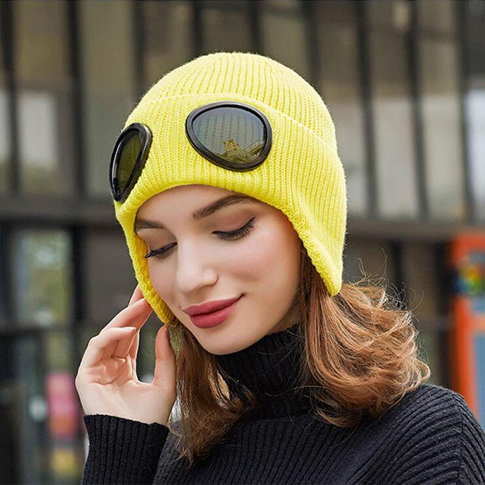 Lady Winter Thicken Warm Hat with Glasses Knitting Wool Skiing Riding Outdoor Warm Beanies