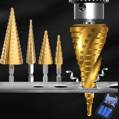3Pcs/set 3-12mm 4-12mm 4-20mm HSS Straight Groove Step Drill Bit Titanium Coated Wood Metal Hole Cutter Core Drilling Tools Set