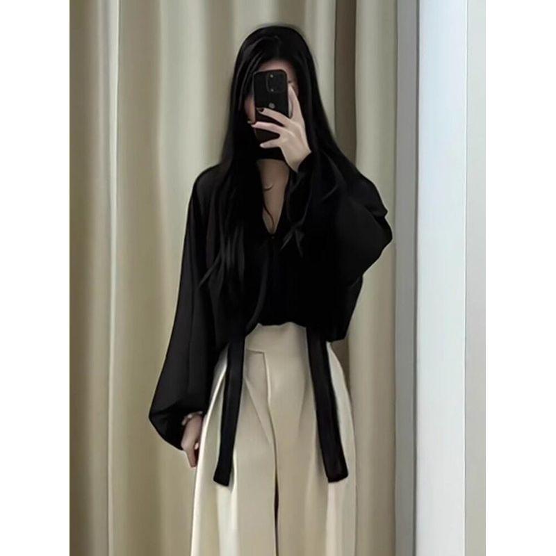 

2026 Early Spring Outfit: a Complete Set of Women s French-Style High-End Black Top and High-Waisted Wide-Leg Pants Professional Two-Piece Set Black Shirt XXXL [Recommendation 80-90kg]