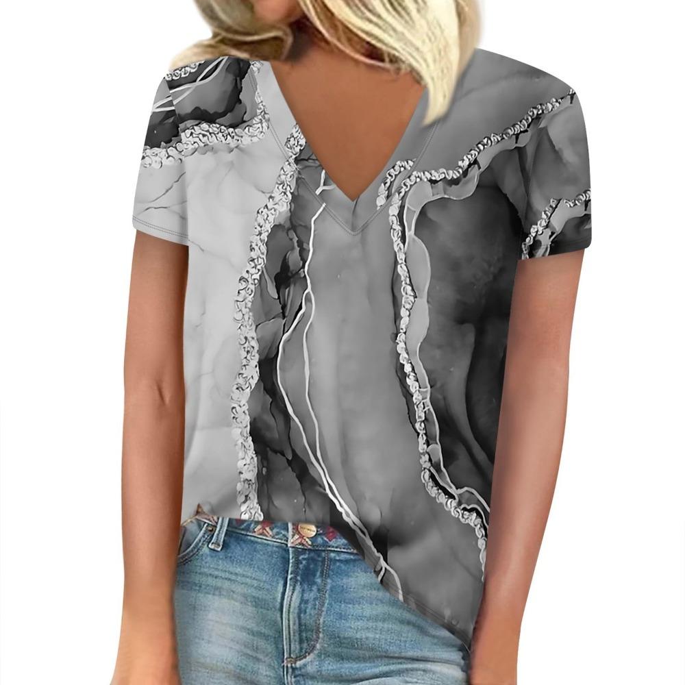 T-shirt Women's Summer Casual Elegant V-neck Short-sleeved Gradient Texture Pattern Blouse Loose Casual Women's Clothing