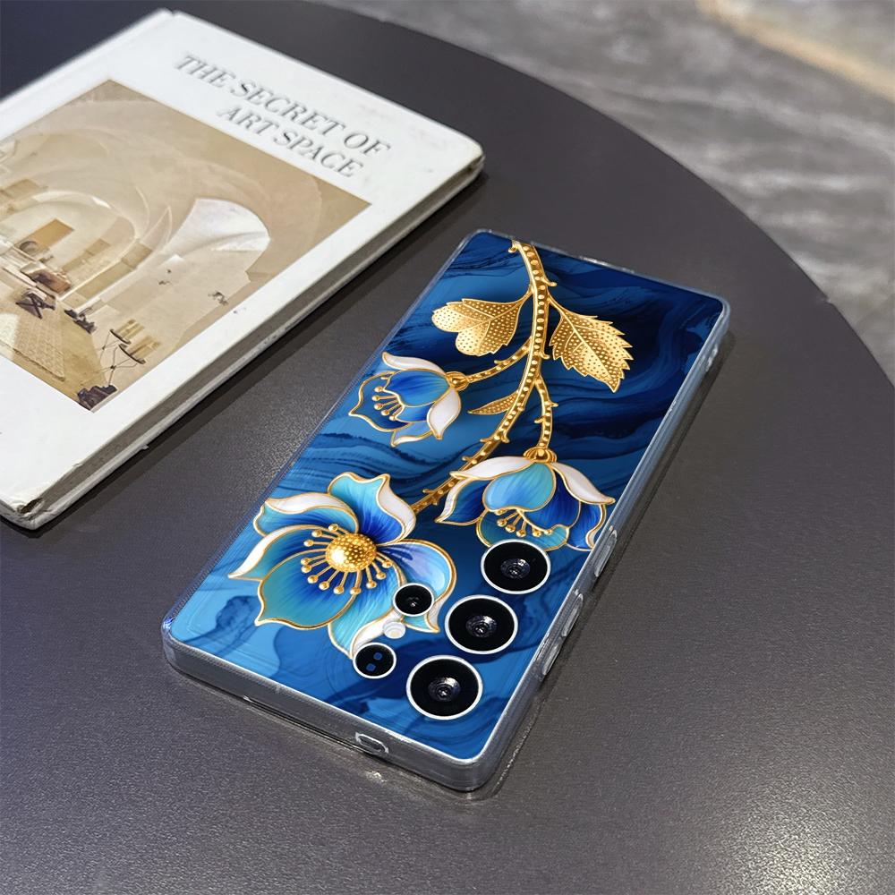 Cyan Enamel Flowers with Gold Case for Samsung Galaxy S26 S25 S24 S23 S22 S21 S20 FE Plus Soft TPU Slim Fit Shockproof Cover