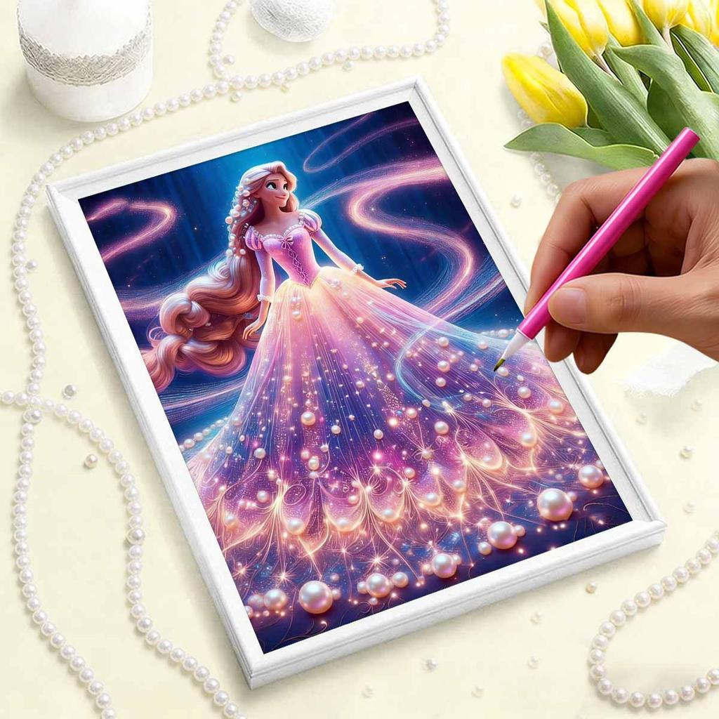 Rapunzel Series Pearl Effect Frameless Art | Long Hair & Flowing Gradient Gown Accents | Dreamy Art Decor for Modern Home & Gallery