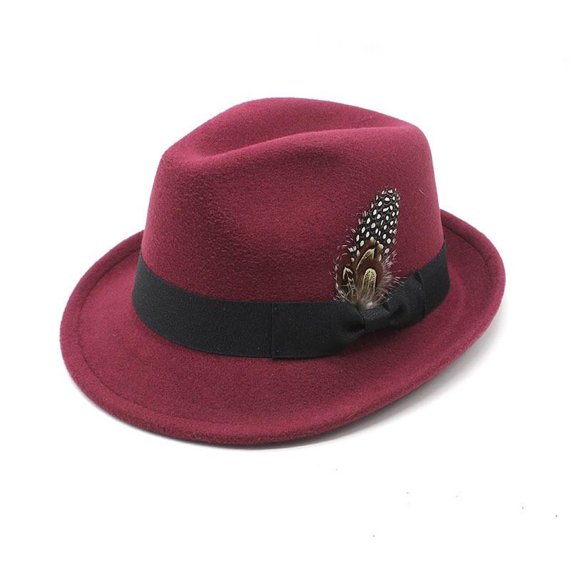 Herren Dicker Woll-Fedora-Hut mit Federbesatz Europäischer Stil