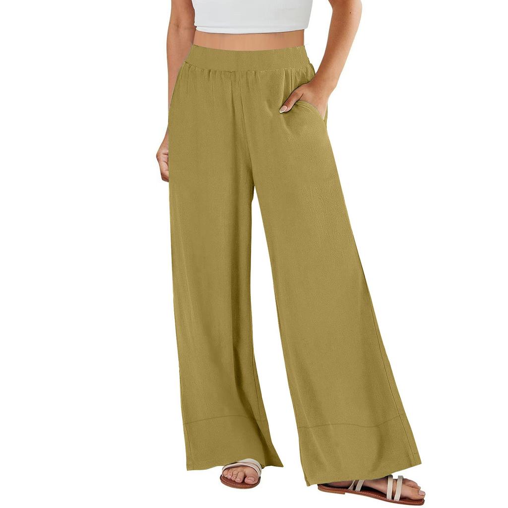 Women's Loose High-waisted Cotton And Linen Solid Color Straight-leg Flared Pocket Wide-leg Pants