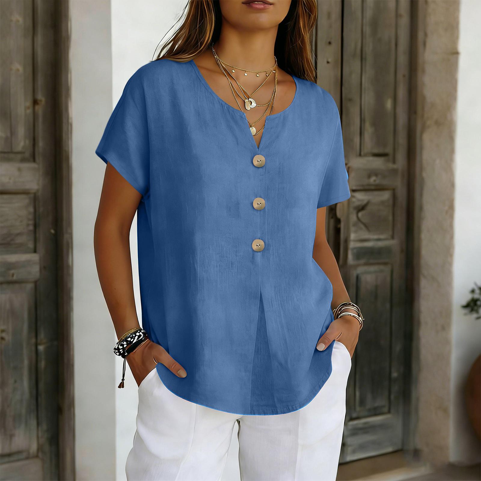 Women s Casual Short Sleeve V-neck  Button Top XL