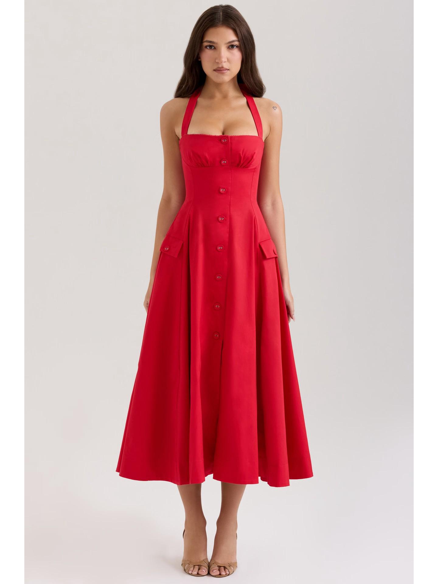

Elegant Retro Red Tie Halter Mid-Length Dress M