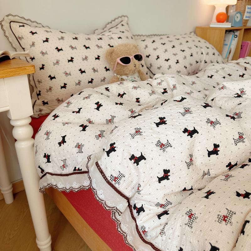 Korean French Style Hollow Lace Puff Cotton Bedding Set, Girly Duvet Cover - Available As 4-Piece or 3-Piece Set