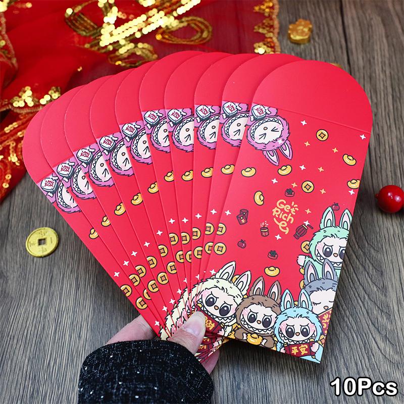 Lot de 10 enveloppes rouges Labubu de l'année chinoise, mignonnes, animées, pour le festival du printemps, pour enfants, porte-bonheur, cadeau de mariage