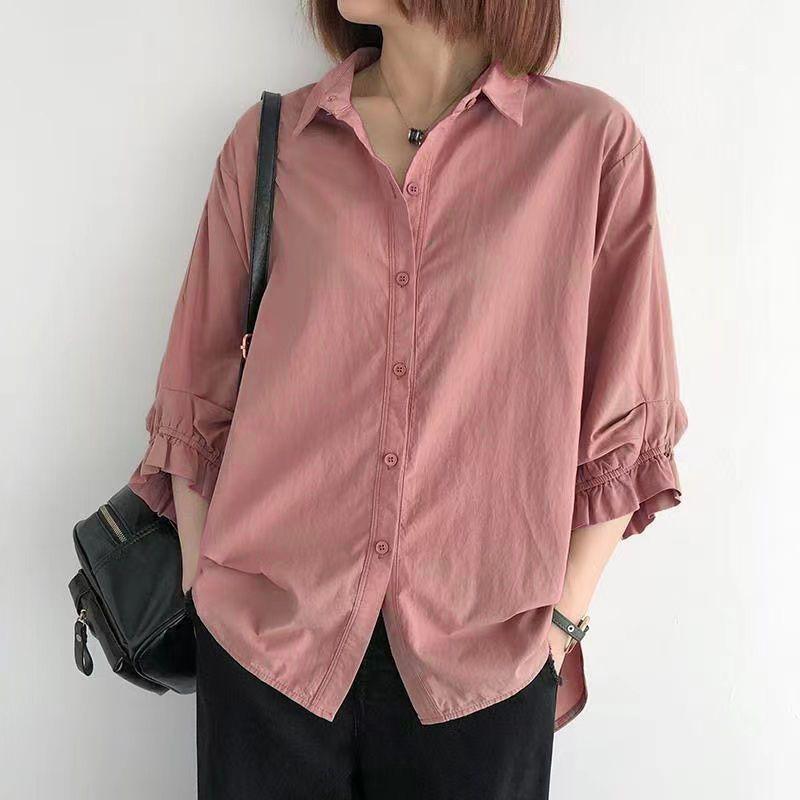 Plus Size Women Summer Lantern Sleeve Shirts Loose Solid Color Tops Korean Style Shirt