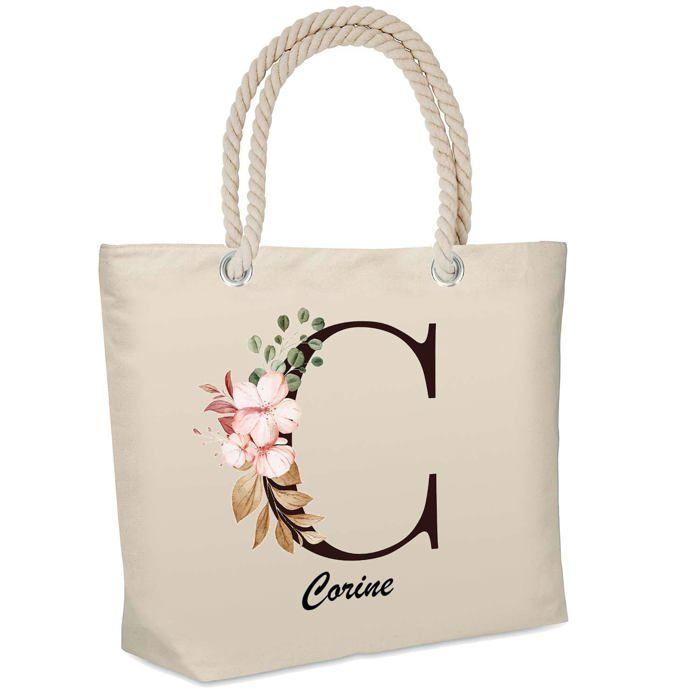 Sac de plage - PLANETEE - isotherme Corine Lettre Fleur - Coton naturel - Grande contenance - Imprimé en France