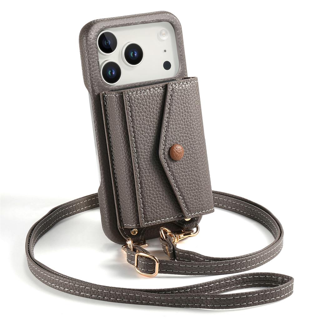 For iPhone 17 Pro Max Case Card Holder Kickstand PU Leather + PC Phone Cover with Mirror and Crossbody Lanyard