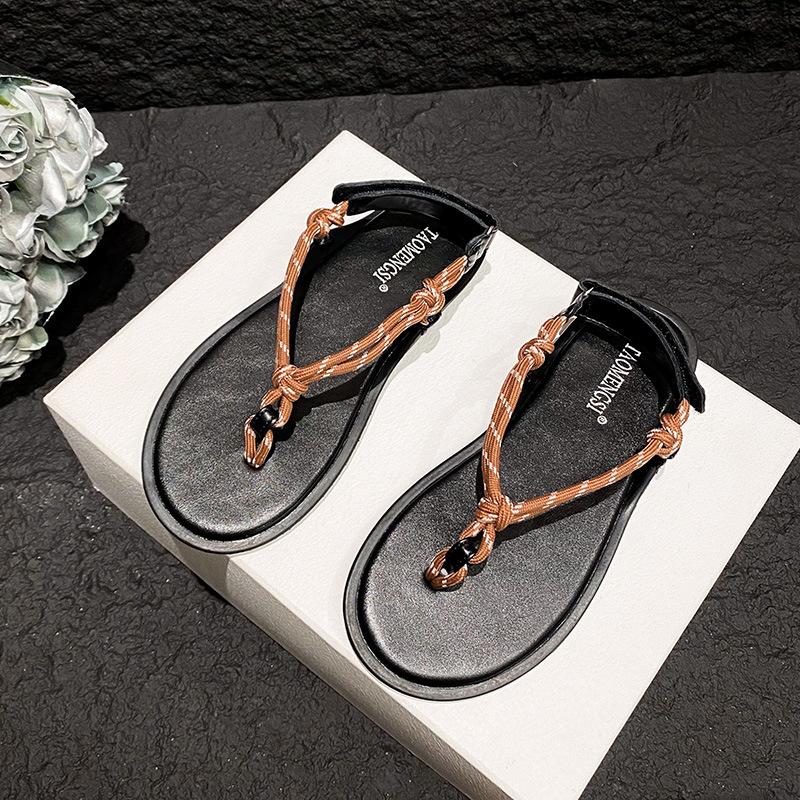 

2025 new fashion single item sparkling rhinestone flat bottom rope knot versatile toe wear flip-flops women s sandals 40