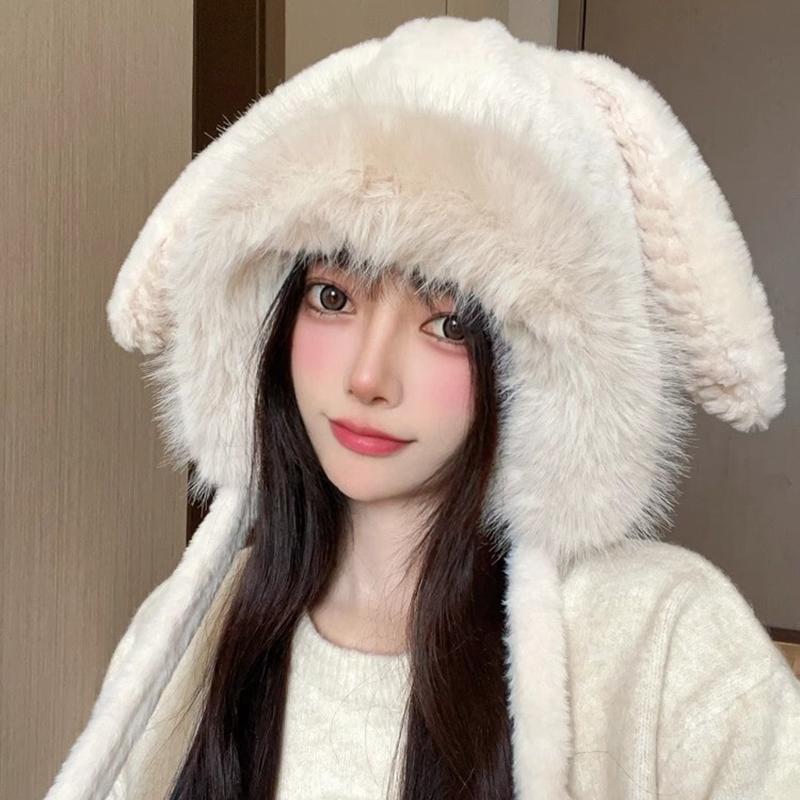 Cute Rabbit Ear Plush Warm Hat for Women Soft Faux Fur Ear Protection Beanies Cap Korean Girl Solid Color Windproof Snow Caps