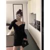 Black Knitted Dress Women's Autumn Lace Lace Waist Slim Fit Hips Shoulder Suspender Skirt