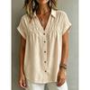 V Neck Loose Solid Button Pleated Short Sleeve Women Casual Blouse