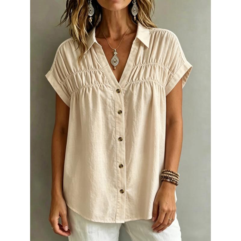 V Neck Loose Solid Button Pleated Short Sleeve Women Casual Blouse