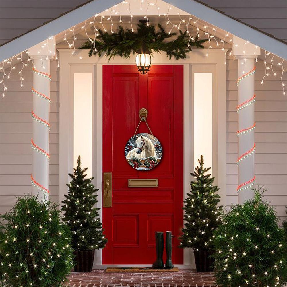 Warm Winter Wooden Christmas Sign with White Horse Pattern, Christmas Round Sign for Front Door Wall Hanging Decor, Ideal Christmas Gift