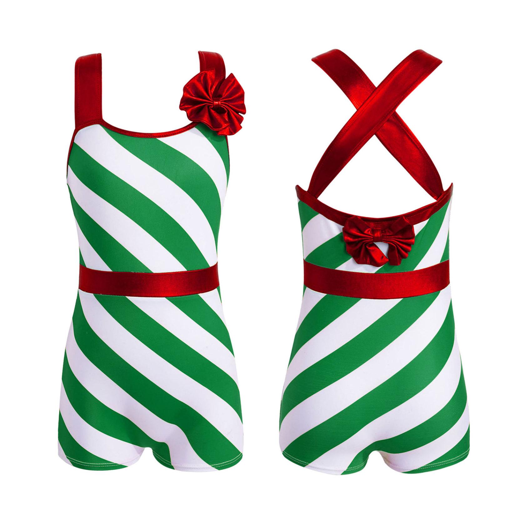 

Детский рождественский костюм для девочек, короткий комбинезон без рукавов в полоску с высокой талией, рождественский балетный трико, короткий комбинезон 5-6 Years зелёный