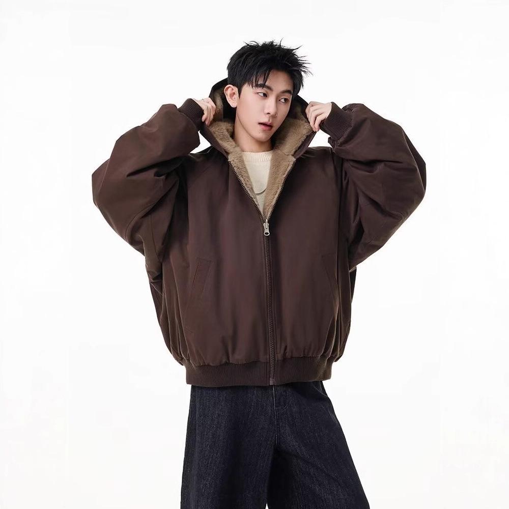 

Унисекс Хлопковая куртка с капюшоном из искусственного кроличьего меха - Теплая, Модная, Свободного кроя, Зимнее пальто XL коричневый