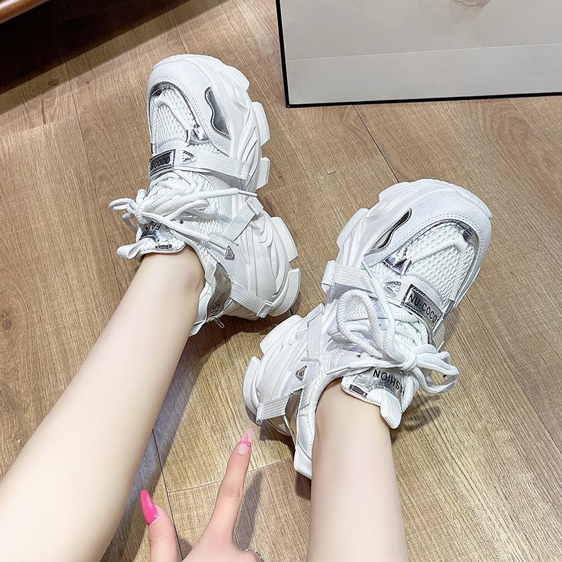 Fashion Summer Shiny Sequins Chunky Platform Sneakers Women Breathable Lace Up Height Increase Shoes Woman Fashion Cute Pink Sneakers