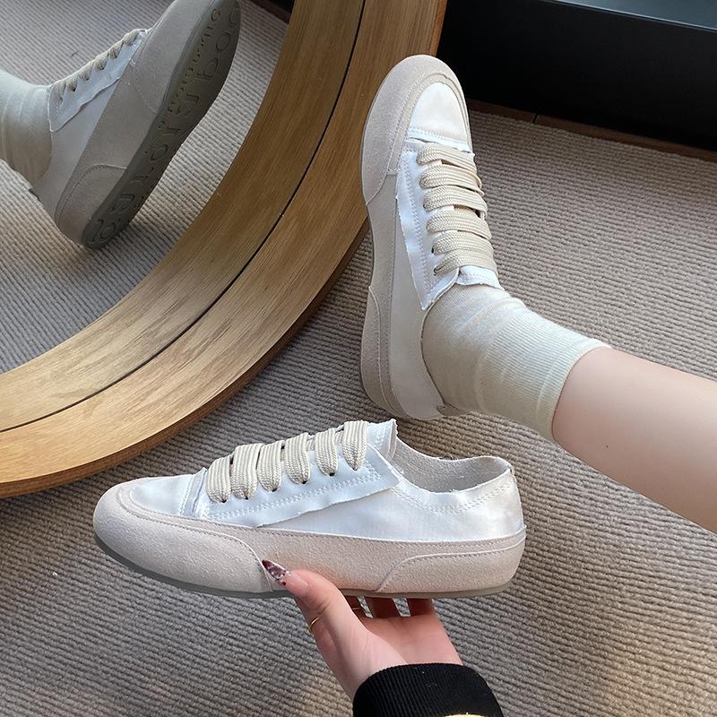 Flat single shoes little white shoes women's satin shoes Spanish niche shoes 2025 new casual sports board shoes half slippers